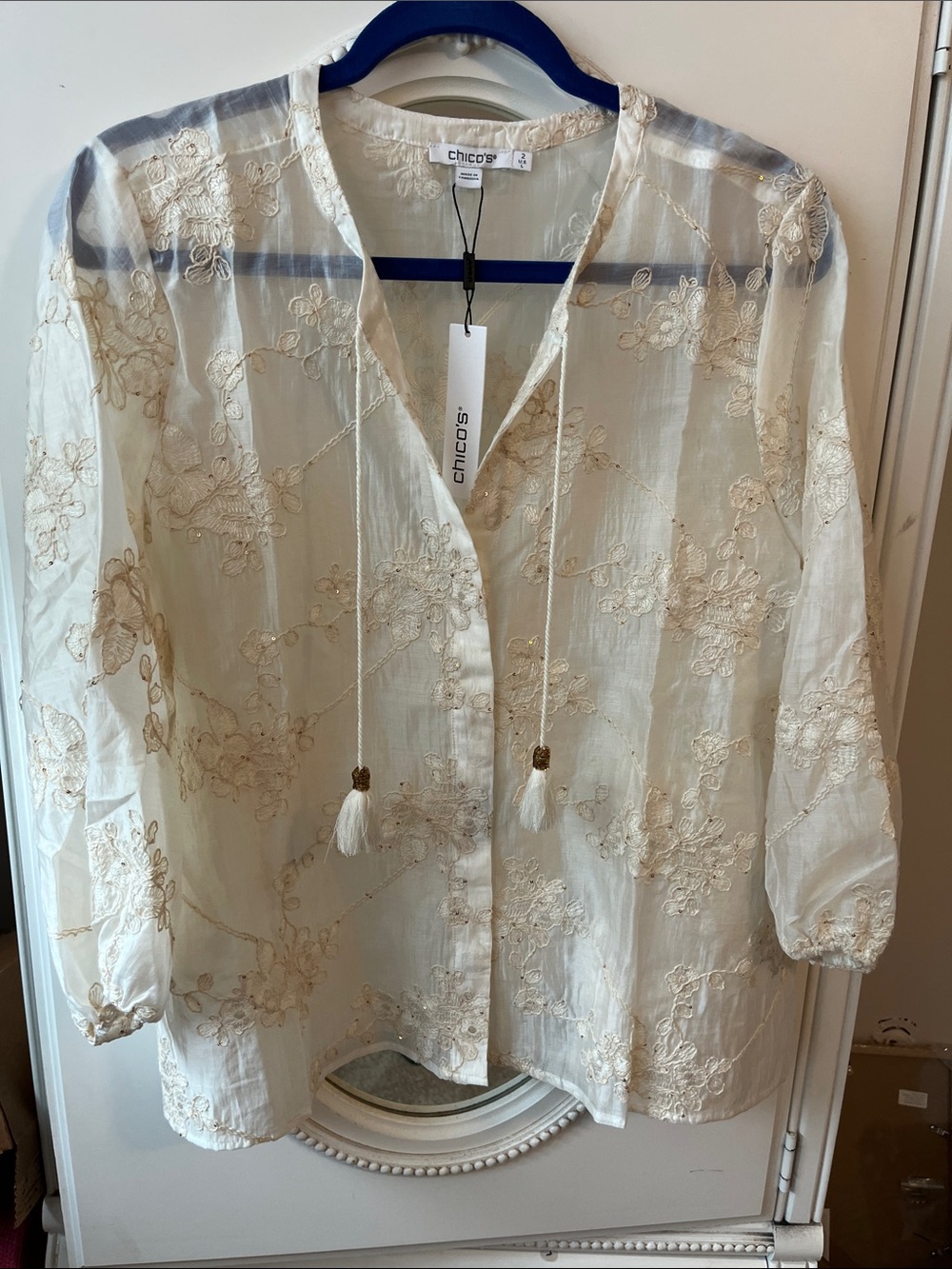 Chico's Cream Embroidered Sheer Blouse NWT